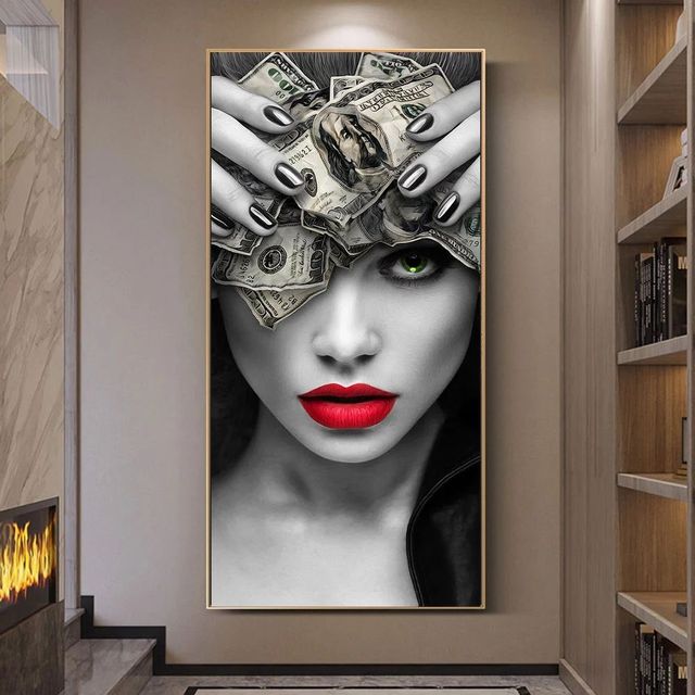 Modern Luxury Red Lips Woman Dollar Canvas Painting Oil Painting Home Decoration Wall Art Painting Suitable for Living Room