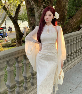 White Cheongsam Maxi Dress Lady Chinese Cheongsam Qipao Long Dress Maxi  Chiffon Mandarin Collar Ethnic Slim