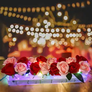 Centrotavola floreale rettangolare in acrilico trasparente da 15.7 pollici per tavolo da pranzo o matrimoni (16 fori + 2 strisce luminose a LED)