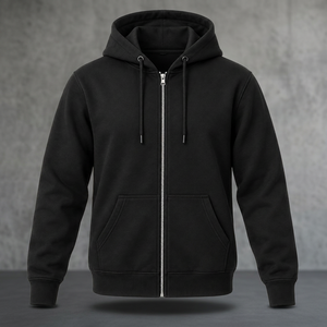 Men's Black 100% Cotton Full Zip Winter <b>Hoodie</b> with Drawstring Hood and Split Kangaroo Pockets - Product Image 2
