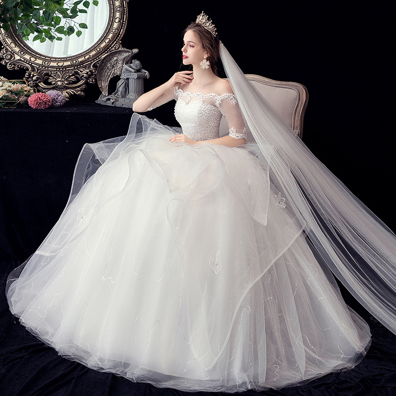elegant wedding korean wedding dress Modest Long Sleevess V-neck Princess Prom Party Gowns main image 1