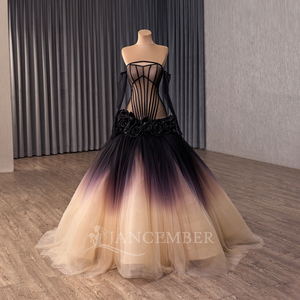 Rsm251151 Robe de Soirée en Chiffon sans Bretelles avec Dos en Dentelle, Manches Amovibles, Style Fourreau, Ornée de Fleurs 3D en Cristal et Drapées - Product Image 2