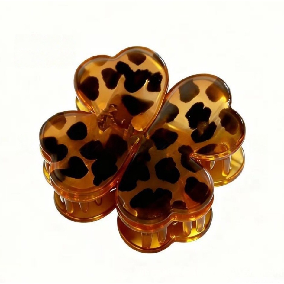 Four-leaf clover magnetic hair clip - leopard print brown