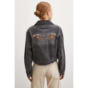 แจ็คเก็ตยีนส์สีแอนทราไซต์ปักลายด้านหลังสไตล์วินเทจสำหรับผู้หญิง ทำจากผ้าฝ้าย - Product Image 1