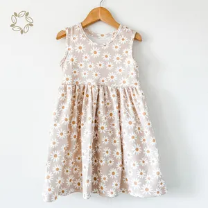 Vestido de algodón orgánico para niñas, vestido de algodón de bambú, estampado personalizado, sin mangas, vestidos para niñas, ropa orgánica para niños