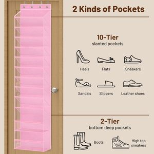 12 Tier Over The Door <b>Shoe</b> Organizer Pink Mesh Hanging Rack For Closet Storage <b>Shoe</b> Holder Fit 24 Pairs - Product Image 4