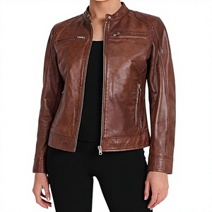 Veste de moto en cuir véritable pour femme, marron, col montant, fermeture éclair, manches longues, style motard, pour l'automne - Product Image 1