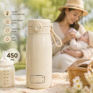 Draagbare draadloze melkverwarmer 450ml 304 roestvrij staal, instelbare temperatuur 37-55 ° C 100 ° Oplaadbare C 18650 10400mAh batterijhouder - Product Image 1