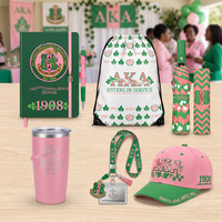 Ensemble cadeau personnalisé avec gobelet, parapluie, carnet et cordon de cou, orné de lettres grecques en perles roses et vertes, pour sororité