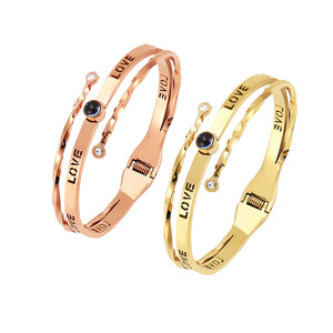 18K Gold PVD Stainless Steel Projection Cuff <b>Bangle</b> <b>Bracelet</b> with 100 Languages I Love You Design | Durable Romantic Jewelry - Product Image 1