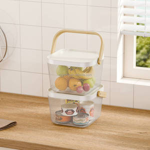 WIREKING Paniers de rangement modernes écologiques pour fruits et légumes, en fil métallique portable avec poignée en bois - Product Image 1