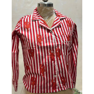 Red And White Striped Night Suit Cotton Printed Long Sleeve <b>Women's</b> Comfy <b>Nightgown</b> On Wholesale Price Direct From Manufacturer - Product Image 3