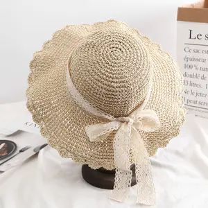 沙滩旅行夏季桶Cloche可折叠可包装纸草帽，带蕾丝蝴蝶结，适合女性防晒