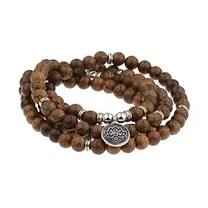 Venta caliente multicapa budista Mala Buda OM Lotus Charm pulseras 108 pulsera de cuentas de madera para mujeres y hombres