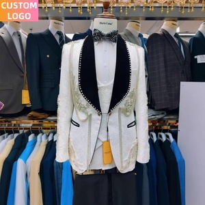 남성 세트 사용자 정의 로고 <span class=keywords><strong>3</strong></span> 조각 옴므 블레이저 손으로 수 놓은 무도회 자수 화이트 정장 럭셔리 남성 결혼식 - Product Image 6