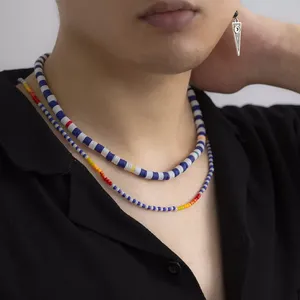 SHIXIN 트렌디 목걸이 록 보헤미안 여러 가지 빛깔의 폴리머 클레이 미니어처 쌀 구슬 목걸이 남성용 힙합 더블 레이어 칼라 - Product Image 1