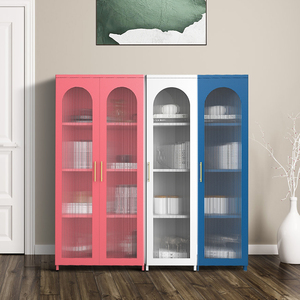 Armoire moderne en verre blanc avec 4 étagères, portes battantes, poignées en aluminium, armoire de rangement autoportante pour chambre à coucher - Product Image 3