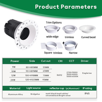Spot encastré LED COB rond sans cadre réglable pour hôtel et résidence, 9W 10W 12W 24W, IP65, pour plafond domestique