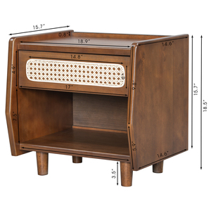Walnut Nightstand With Rattan Detail MDF Solid Wood Modern Bedroom Storage Open <b>Shelf</b> Drawer Indoor Furniture - Product Image 2
