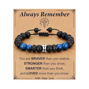 Bracciale Intrecciato con Perline in Occhio di <span class=keywords><strong>Tigre</strong></span> Blu Opaco, Bracciale Sportivo con Croce, Gioiello Regalo per Uomo - Product Image 1