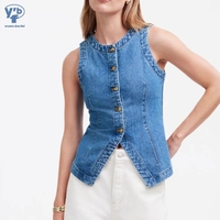 YUANBOFEI Gilet en jean sans manches pour femme, haute qualité, triple boutonnage, coupe ajustée, ourlet fendu, couleur unie, court