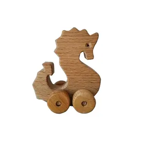Natural Beech Oak Wooden Push along Sea Horse Craft Living Room Decoration Wooden Pull along Sea Horse Craft toy