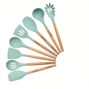 Ensemble d'ustensiles de cuisine en silicone de qualité alimentaire avec manche en bois, 11 pièces, résistant à la chaleur : spatule, louche, cuillère, pince de service, fouet, outils de cuisine - Product Image 1