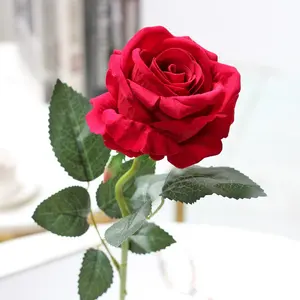 Wedding Decoration Artificial Red Single Stem Velvet Roses Flower Silk Rose Artificial Flowers