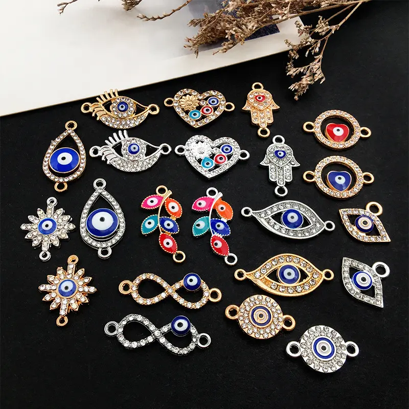 Jewelry Finding Charms Connector Evil Eyes Beads Pendants Hamsa Hand Connectors For Bracelet Making Gold Filled