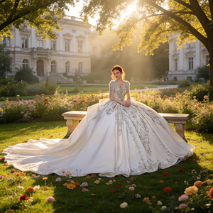 베스트셀러 고급스러운 레트로 스타일 웨딩드레스, 화려한 레이스 새틴 플로잉 캐시드럴 스타일 스커트 - Product Image 3