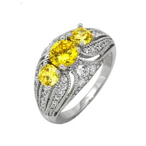 Vintage Jewelry Tendy 925 Sterling Silver Citrine Yellow Sapphire 3 Stone Engagement Ring Women