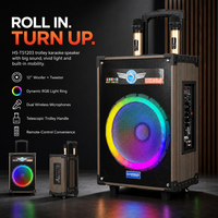 Speaker Karaoke Party Trolley 12 Inch 50W-100W HS-TS12Q3 dengan Dua Mikrofon Nirkabel, USB, FM, dan Gagang Retraktil