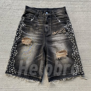 Sản xuất quần áo nam kiểu vintage rộng thùng thình, thời trang đường phố, đính kèm họa tiết thêu, vá, quần short denim đính đá, quần short nam - Product Image 1