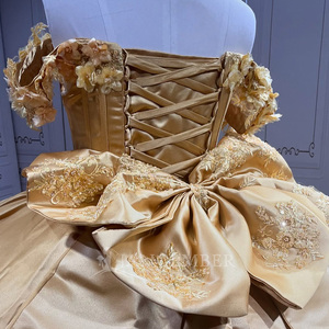 Robes de Quinceañera de luxe Lsmu177 en satin doré, style robe de bal, appliquées, à volants avec traîne, pour filles Jancember - Product Image 4