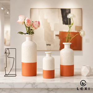 <span class=keywords><strong>Set</strong></span> di 3 Vasi in Ceramica Moderni Bicolore, Terracotta e Crema Maculati Opachi, Vasi Decorativi per Fiori, per Soggiorno e Regalo - Product Image 1