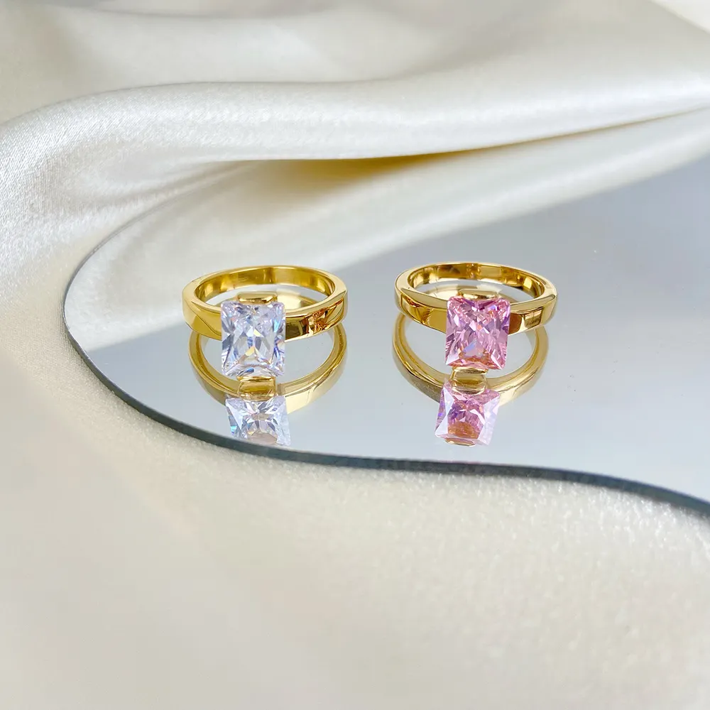 Nuovo anello rettangolare in zircone rosa anello in acciaio inossidabile 18 carati gioielli da donna