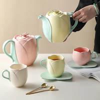 Ensemble de tasses en porcelaine aux couleurs vives avec motif de tulipes et soucoupes - Passe au lave-vaisselle et au micro-ondes pour les boissons chaudes/froides, utilisation à la maison ou au bureau
