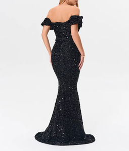 Bestseller Damen Einfarbiges Gewebtes Schwarzes Paillettenkleid mit Schulterfreiem Design, Strass-Gürtel, Figurbetontes Formelles Abendkleid - Product Image 4