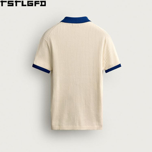 เสื้อโปโลถักคอซิปแบบควอเตอร์ซิปสำหรับผู้ชาย สีครีม กรมท่า คอเสื้อตัดสี แขนสั้น ผู้ผลิตเสื้อโปโลชาย ขายส่งจำนวนมาก - Product Image 5
