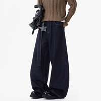 Pantalon en jean américain décontracté pour homme, coupe ample, design original, lavé, jambe large, uni, respirant, lavable, ceinture tissée