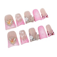 Faux ongles à presser européens et américains, motif bec de canard, style Sweet Girl Heart, transparents effet glace, imprimé léopard blush, style français, prêts à poser, pré-conçus