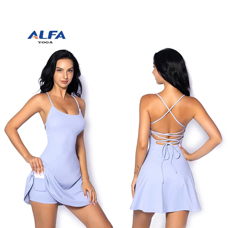 ALFA Athletic Seamless Gym Wear Yoga Sport Tennis Skirt Dress 2 Piece Set With Pockets Shorts Golf Dress Skort For Women
