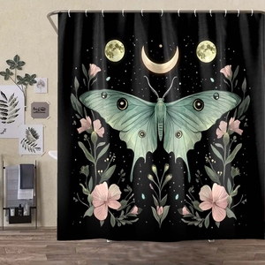 Cortina de ducha de Luna Floral Retro moderna noche polilla PEVA vinilo impermeable pesado a prueba de herrumbre Metal ojal encabezado poliéster duradero - Product Image 4