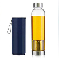 Bouteille d'eau en verre à haute teneur en borosilicate de voyage sportif en vente directe avec infuseur à thé et manchon en nylon