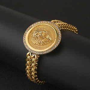 Bracelet en acier inoxydable, le plus tendance, double chaîne, tête de lion, en acier inoxydable doré, lourd, style gothique, maillons cubains - Product Image 5