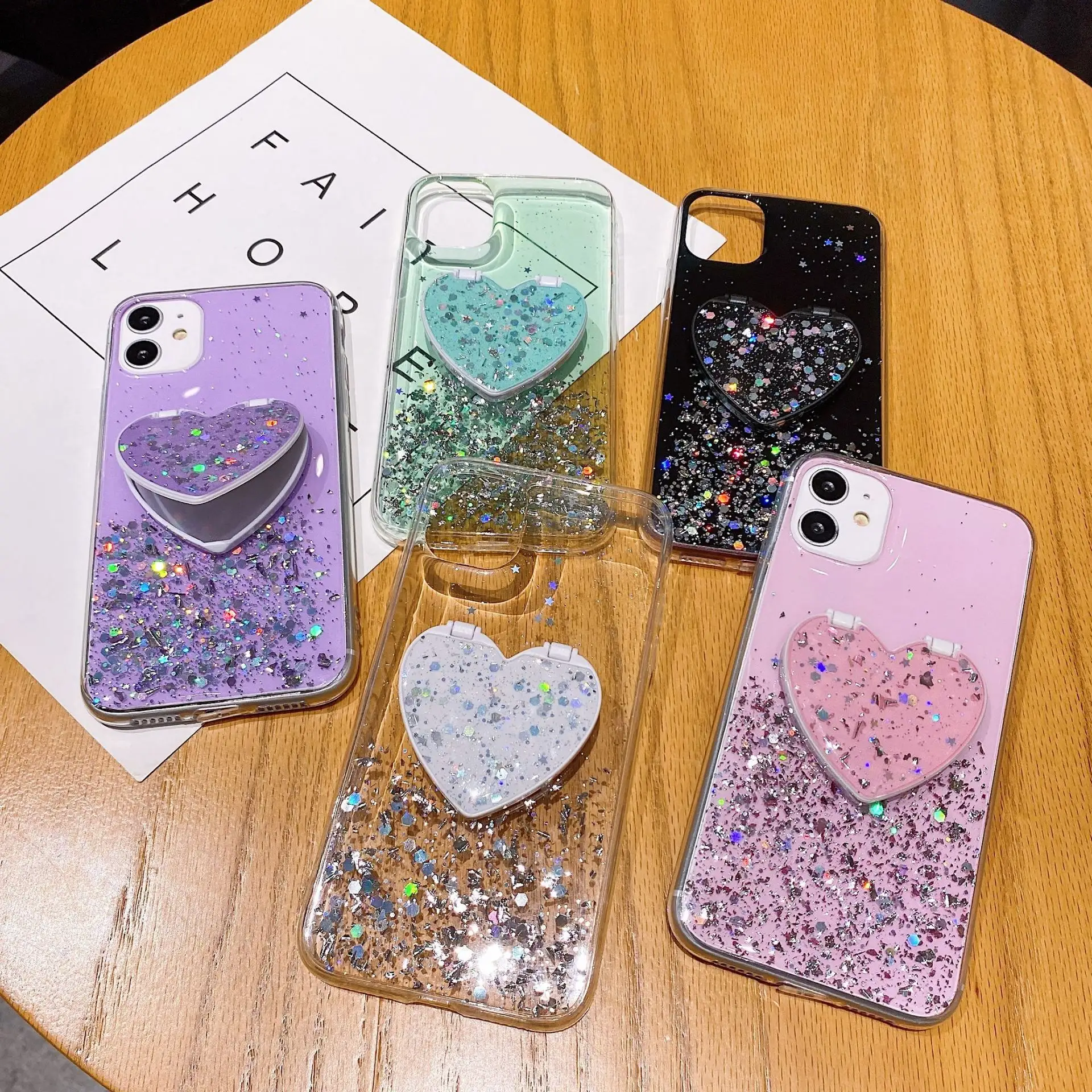 Bling Glitter Heart Mirror Case for iPhone 14 13 12 Pro max Soft Makeup Cover Girl Mirror Mobile Phone Back Case with Holder