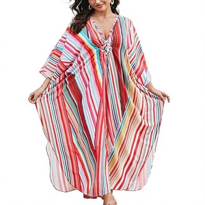 Robe Abaya Maxi Col V Manches Trois-Quarts Motif Rayé Coupe Ample Style Bohème Vêtement de Plage d'Été pour Femme en Polyester - Product Image 1