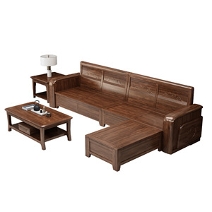 Juego de Sofás de Madera Maciza de Nogal en Forma de L con Almacenamiento, Muebles de Sala de Estar de Estilo Chino Moderno, Tres Plazas con Cojines - Product Image 5