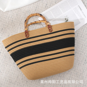 Sac fourre-tout tissé grande capacité, design rayé, poignée en bambou, sac de plage d'été pour femme, usage quotidien - Product Image 4