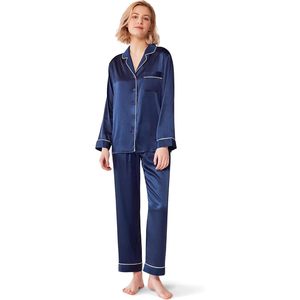 Conjunto de pijama de seda satinada para mujer, de manga larga, con botones, 2 piezas, ropa de dormir suave - Product Image 1